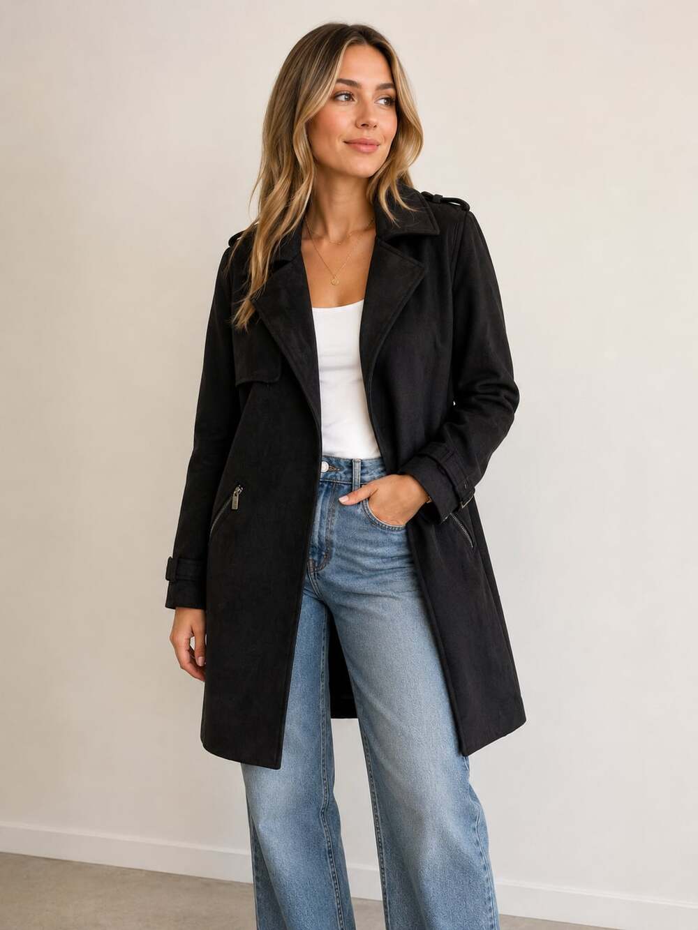 Magaschoni Women's Black Faux Suede‎ Trench Coat
